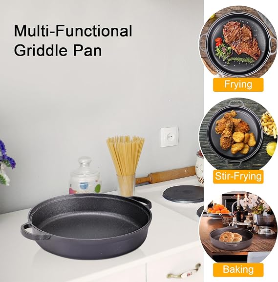 Warmiehomy Cast Iron Griddle Pan,35cm Pre-Seasoned Non-Stick Grill Pan,Round BBQ Skillet with 2 Handles for Gas Induction Hob,Flat Surface