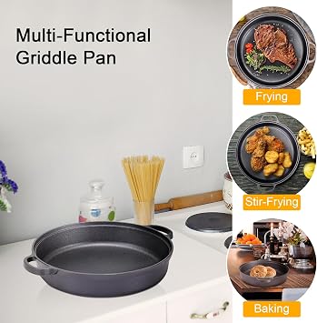 Warmiehomy Cast Iron Griddle Pan,35cm Pre-Seasoned Non-Stick Grill Pan,Round BBQ Skillet with 2 Handles for Gas Induction Hob,Flat Surface