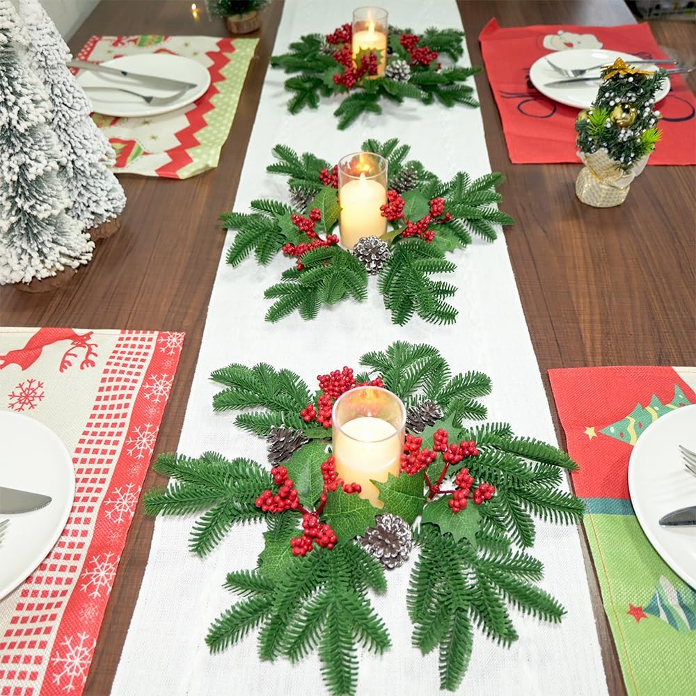 Christmas Small Wreaths 3Pcs 13.5inch Christmas Candle Rings Wreath Greenery Pine Small Wreaths Candle Holder Rings Decorations for Tables Centerpieces Frontdoor Window Mantle Home Kitchen Xmas Decor