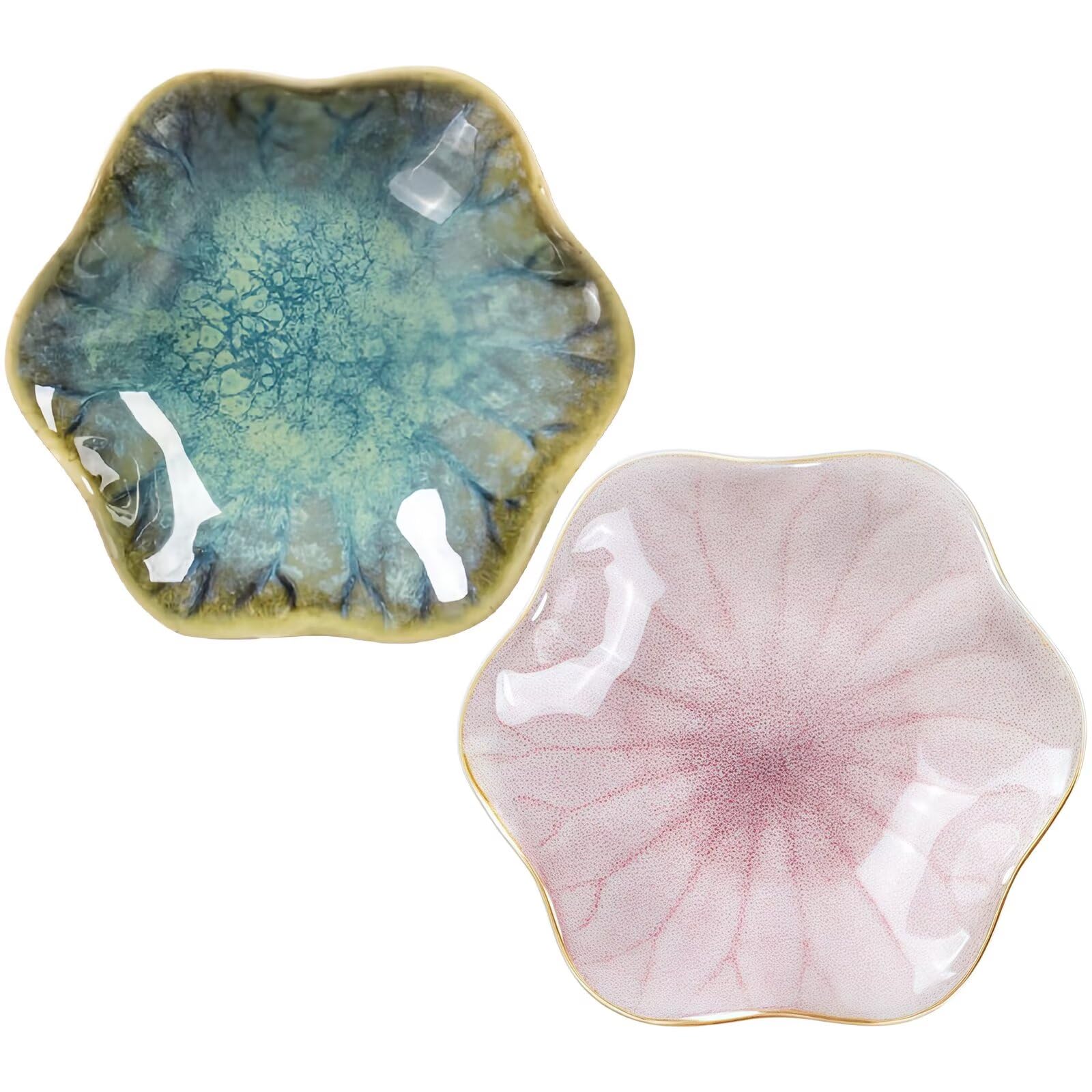 2Pcs Ceramic Jewelry Dish - Lotus Leaf Shape, for Ring Holder Necklace Small Key, Suitable for Mother Friend Sister, Gifts for Women, Cute Plate Trinket Tray, Home Decor (Crystal Green &amp; Pink)