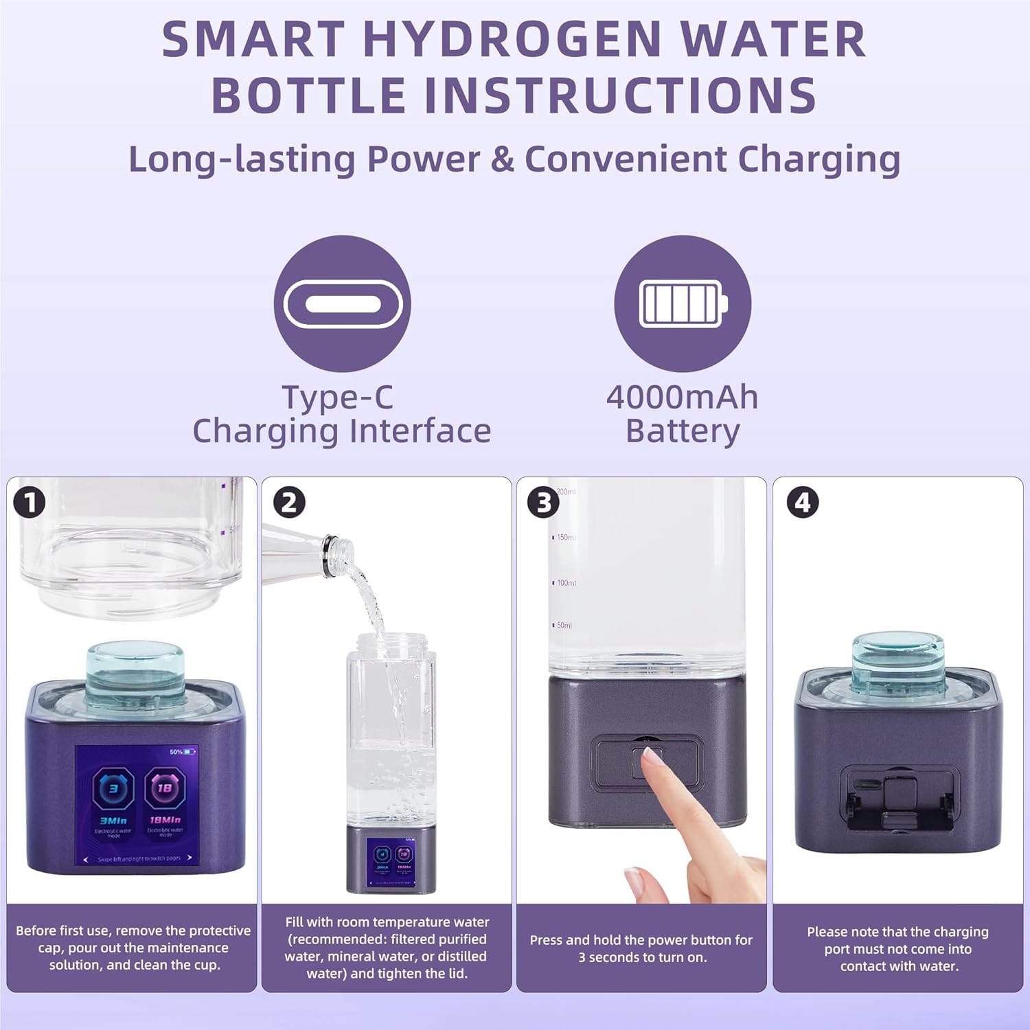 Hydrogen Water Bottle Deluxe Version, Up to 9000PPB-12000PPB, Upgrade Smart Touchscreen Control SPE Hydrogen Generator with Portable Hydrogen Water Machine for Home Office Outdoors Drinking Gift - Image 4