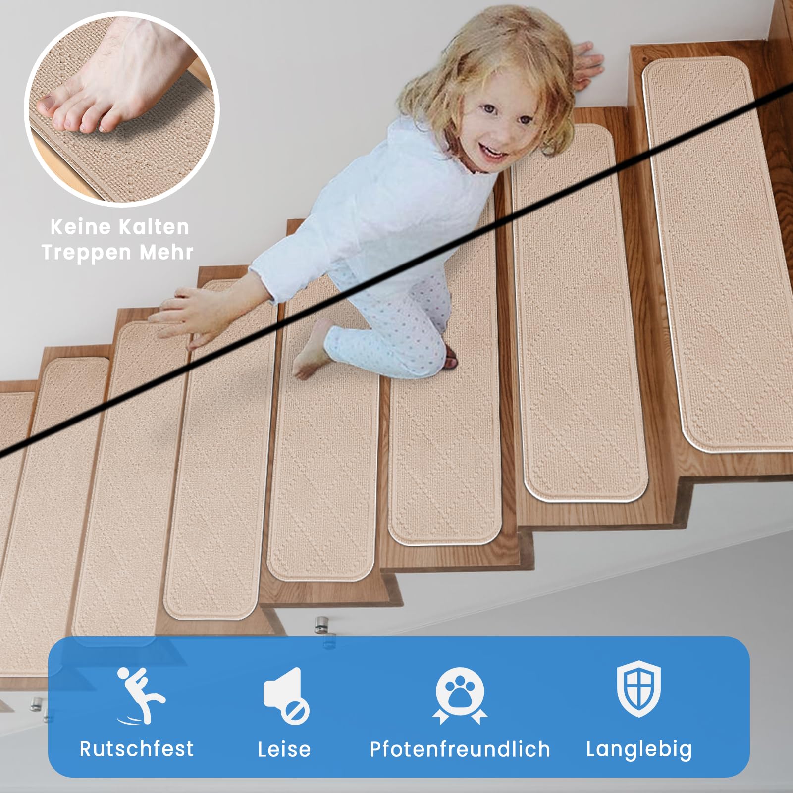 Treppenstufen Matten 76x20 cm, Stufenmatten Selbstklebend Innen 15 Stück, Treppenstufen Antirutsch Zuschneidbar Wiederverwendbar für Schützen Sie Haustiere, Senioren Kinder (Cremebeige)
