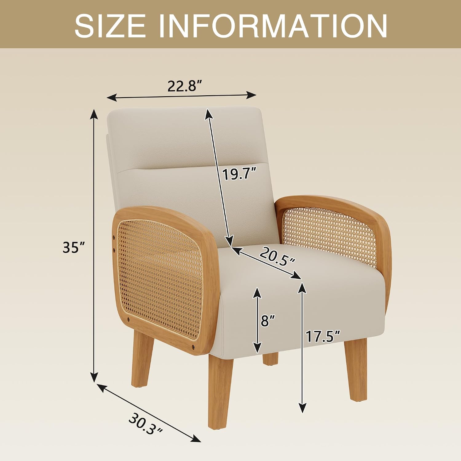 Yongchuang Beige Accent Chair Upholstered Faux Leather Natural Rattan Armchair Modern Bedroom Living Room Chairs Set of 2