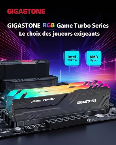 【RGB DDR4 RAM】GIGASTONE Game TURBO 64GB Kit (4x16GB) DDR4 3200MHz PC4-25600 CL16-18-18-40 Intel XMP 2.0 AMD Ryzen 1.35V UDIMM 288 Pin Unbuffered Non ECC High Performance Gaming Desktop Memory - Black - 2