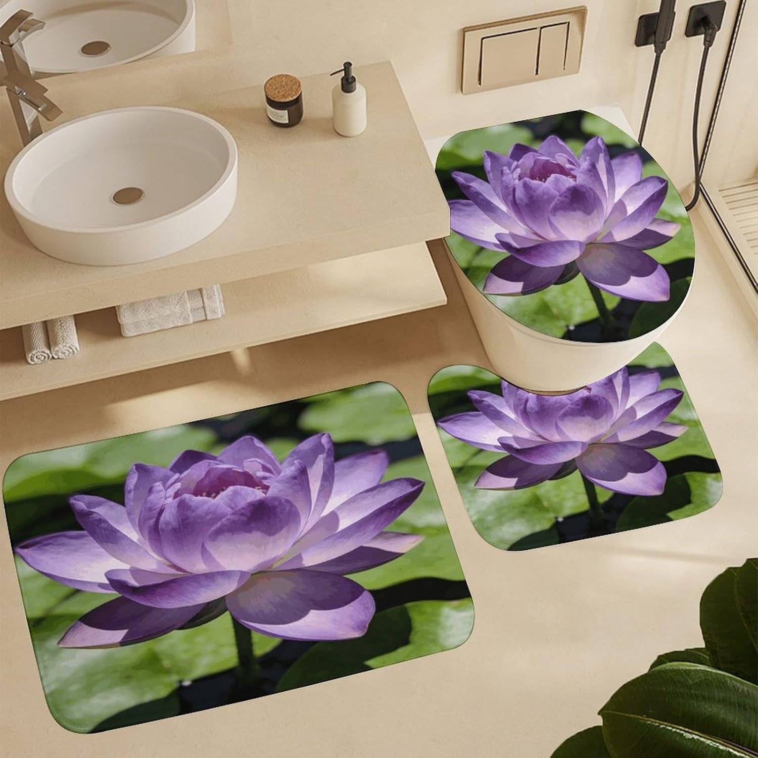 Purple Lotus Bathroom Rugs Sets 4 Piece | Shower curtain sets, non-slip absorbent soft flannel bath mat, u-shaped toilet mat & lid cover, bathroom decor accessories