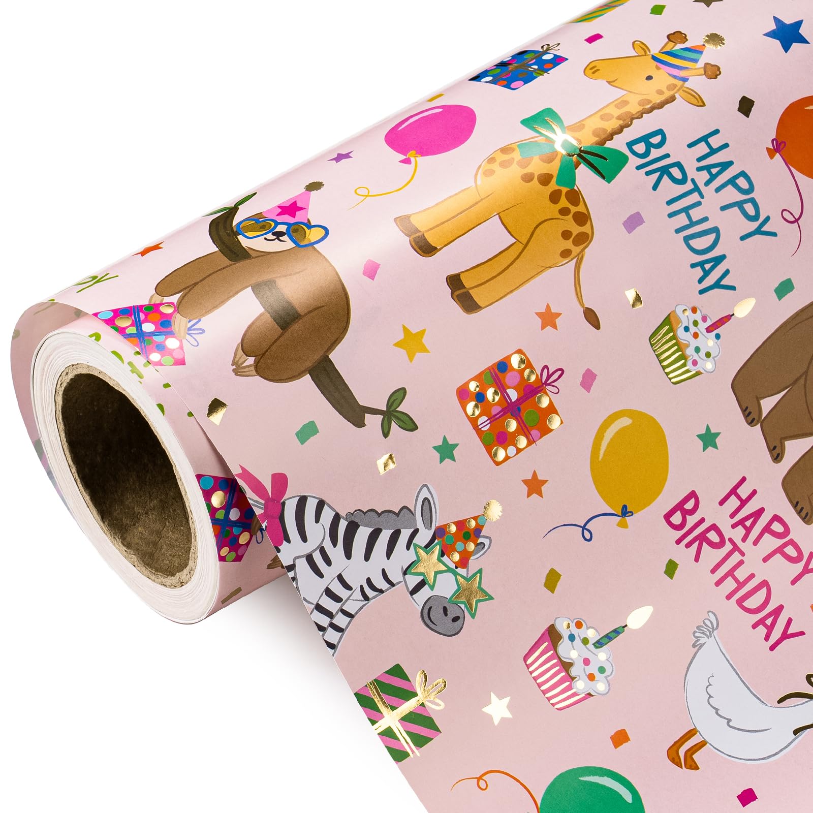 RUSPEPA Kids Birthday Wrapping Paper Roll - Mini Roll - 43.2cm x 5m - Pink Animal Party Happy Birthday Wrapping Paper with Metallic Foil for Kids Girls Party, Baby Shower โ image 1