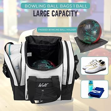WOLT Bowling Ball Bag for Single Ball - Bowling Ball Tote Bag with Padded Ball Holder, 2 Pockets fit Bowling Shoes Up to Mens Size 14 and Accessories