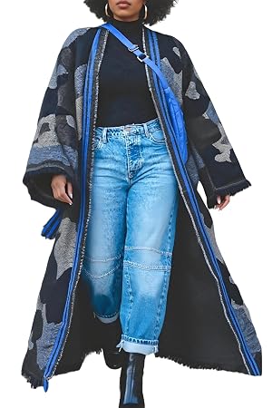 Long Open Front Cardigans Poncho for Women Striped Camo Sweaters Shawl Chunky Cable Knit Fringed Hem Fall Outwear