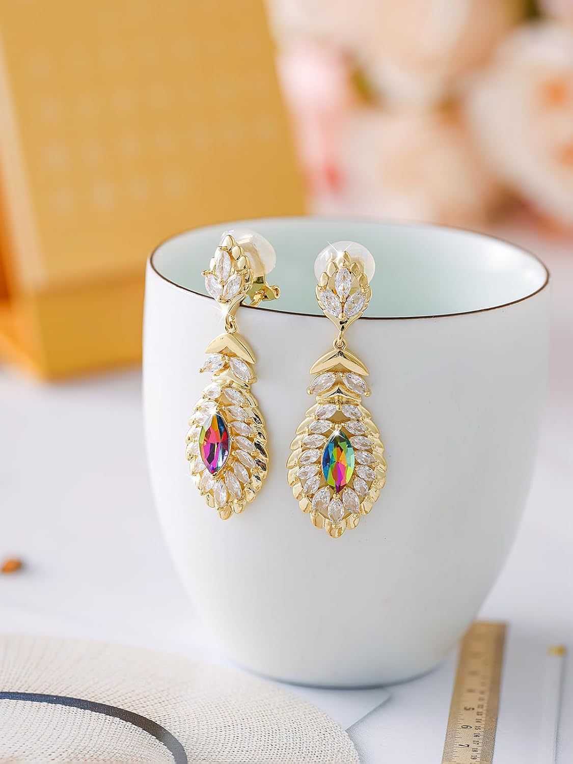 Clip On Crystal Dangle Non Pierced Earrings for Women 14K Gold Plated Jewelry - Image 7