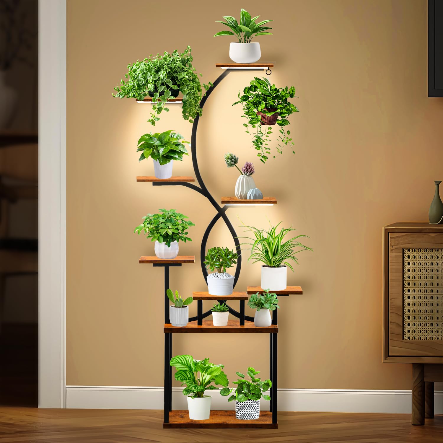 Gusnilo Plant Stand Indoor with Grow Light - 9-Tier Metal Plant Shelf, 63-Inch Tall Multiple Plant Display Stand for Home, Patio, Balcony, Living Room