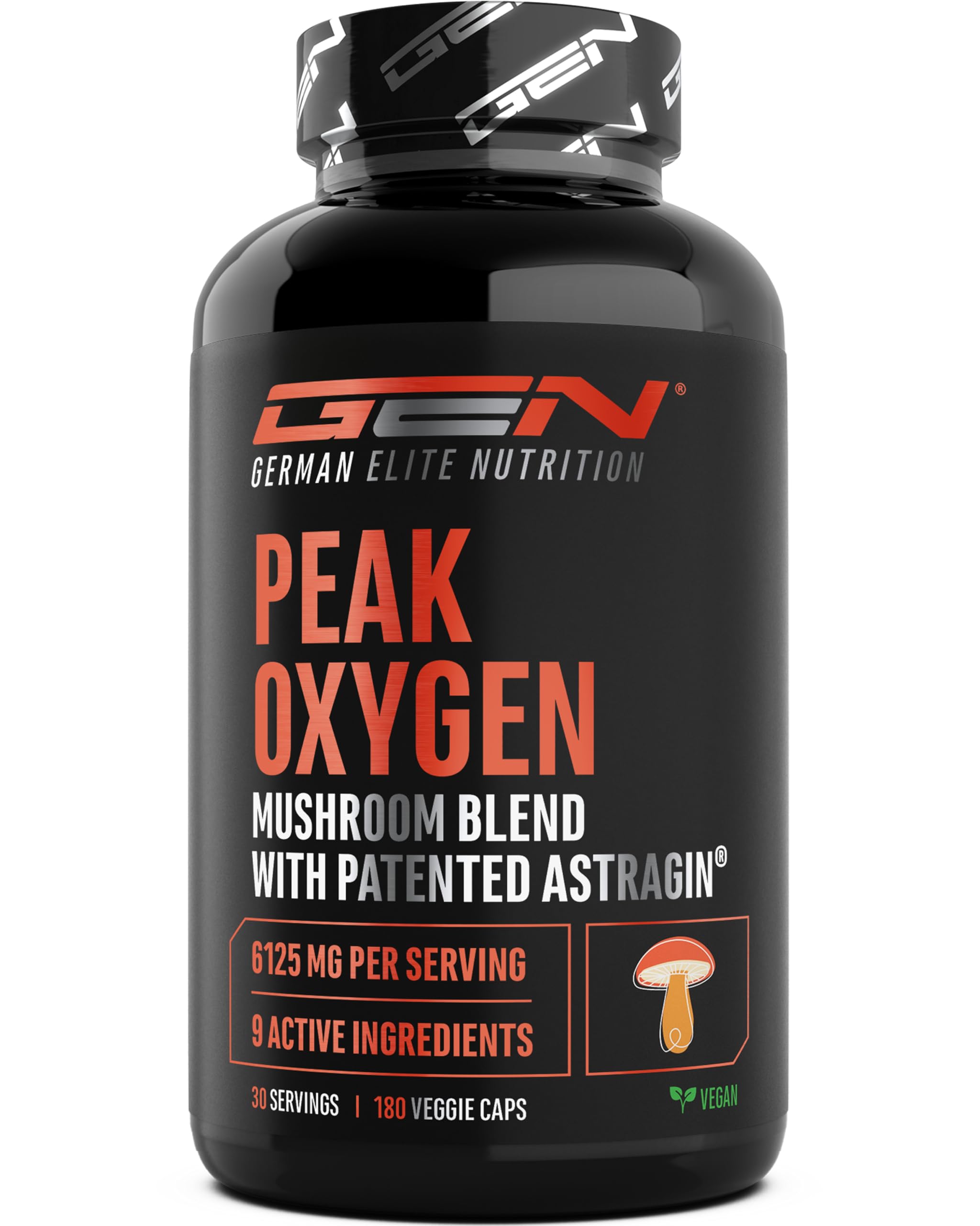 Peak Oxygen - 180 Cápsulas Vegan - 6125 mg por Dosis Diaria - Complejo de 6 Hongos con Cordyceps, Reishi, Shiitake, Hericium, Maitake y Seta de Ostra - TMG, Taurina y Materia Prima de Marca: AstraGin®