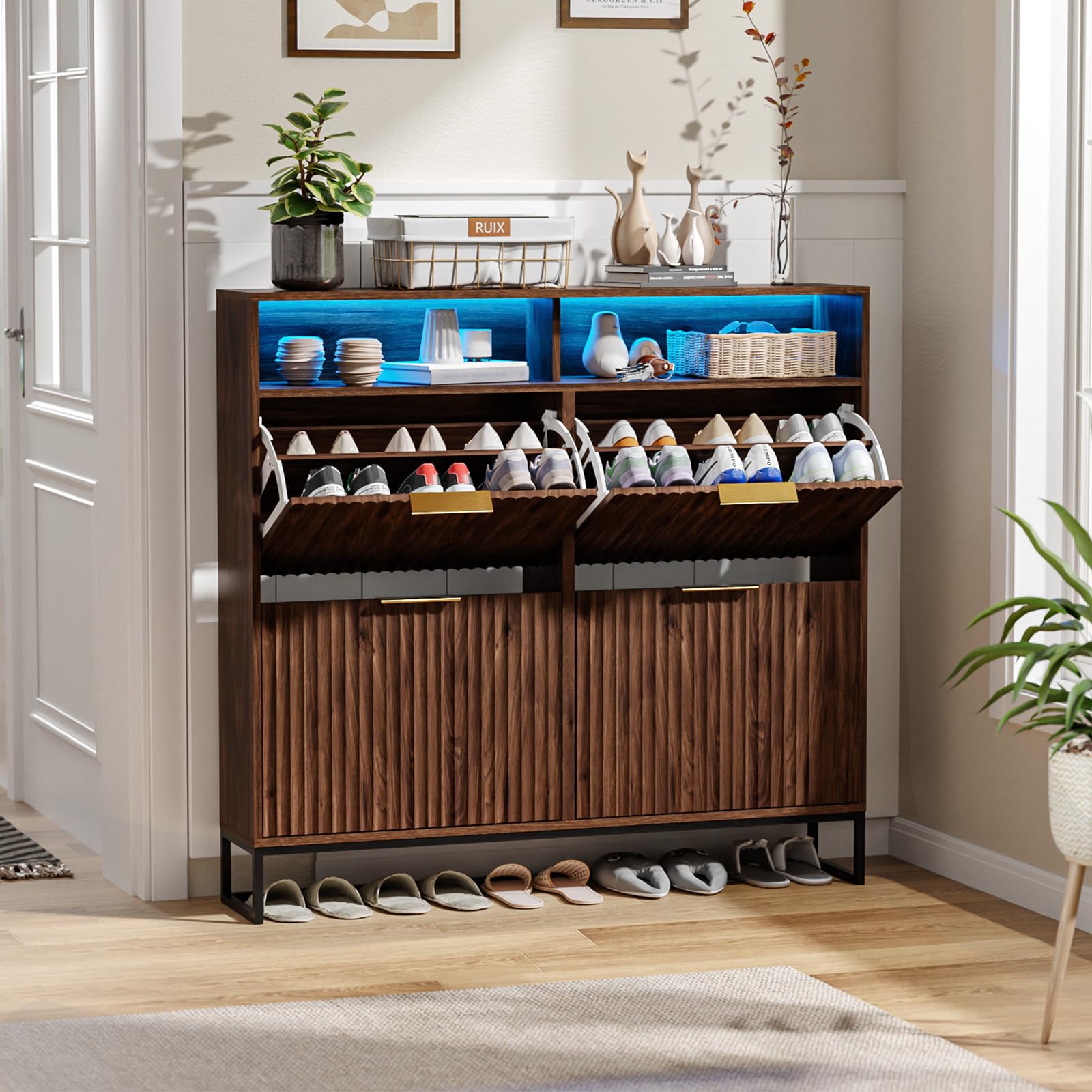Bonnlo Shoe Cabinet with 4 Flip Drawers, Mid-Century Modern Design, Space-Saving Hidden Shoe Storage with LED for Hallway Organization (Walnut)