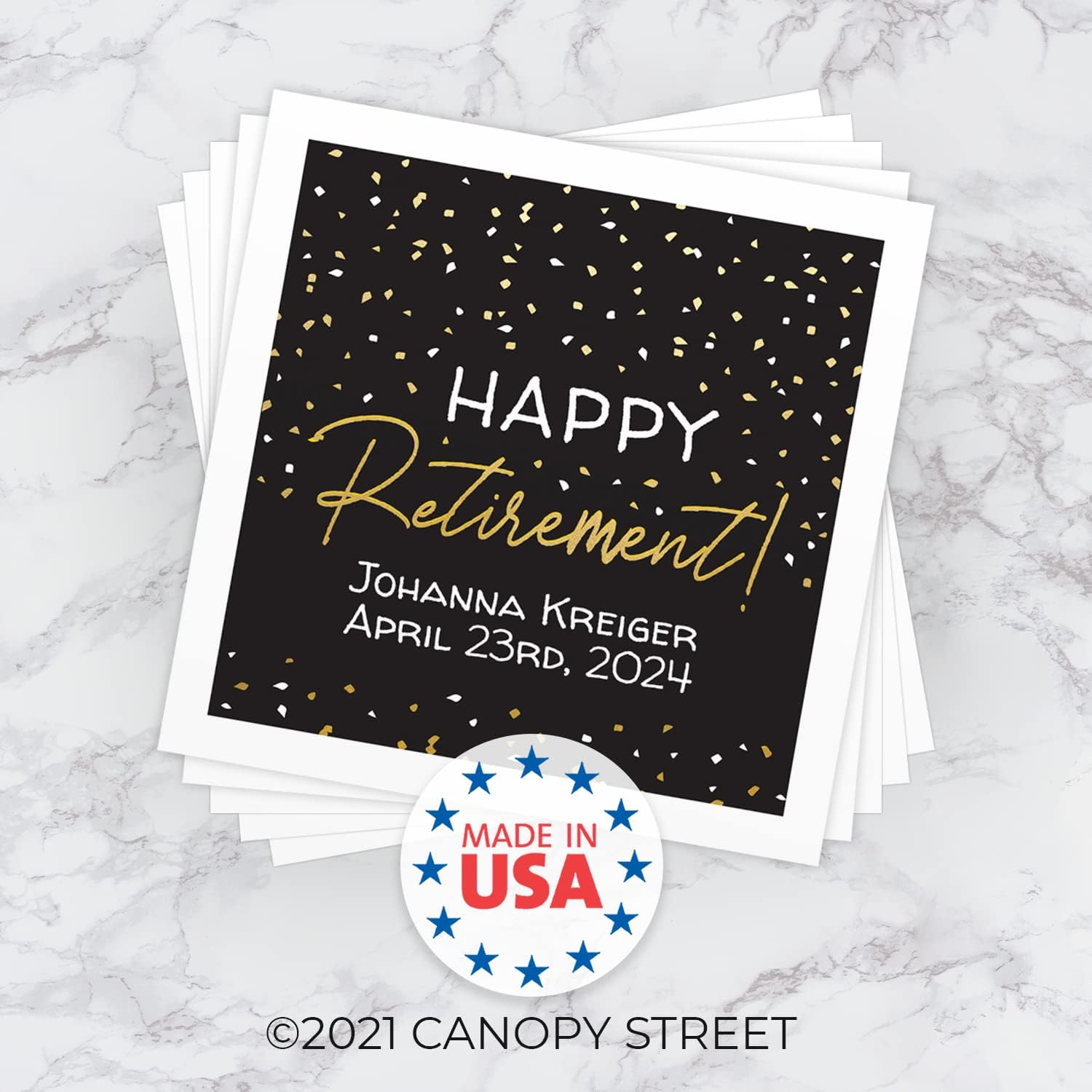 Happy Retirement Personalized Beverage Napkins / 100 Custom Cocktail Napkins/Black And Gold Confetti Design/Retired Surprise Party Supplies