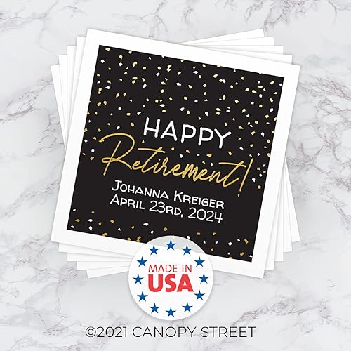 Miniatura 6 de Servilletas personalizadas para bebidas Happy Retirement, 100 servilletas de cóctel personalizadas, diseño de confeti negro y dorado, suministros
