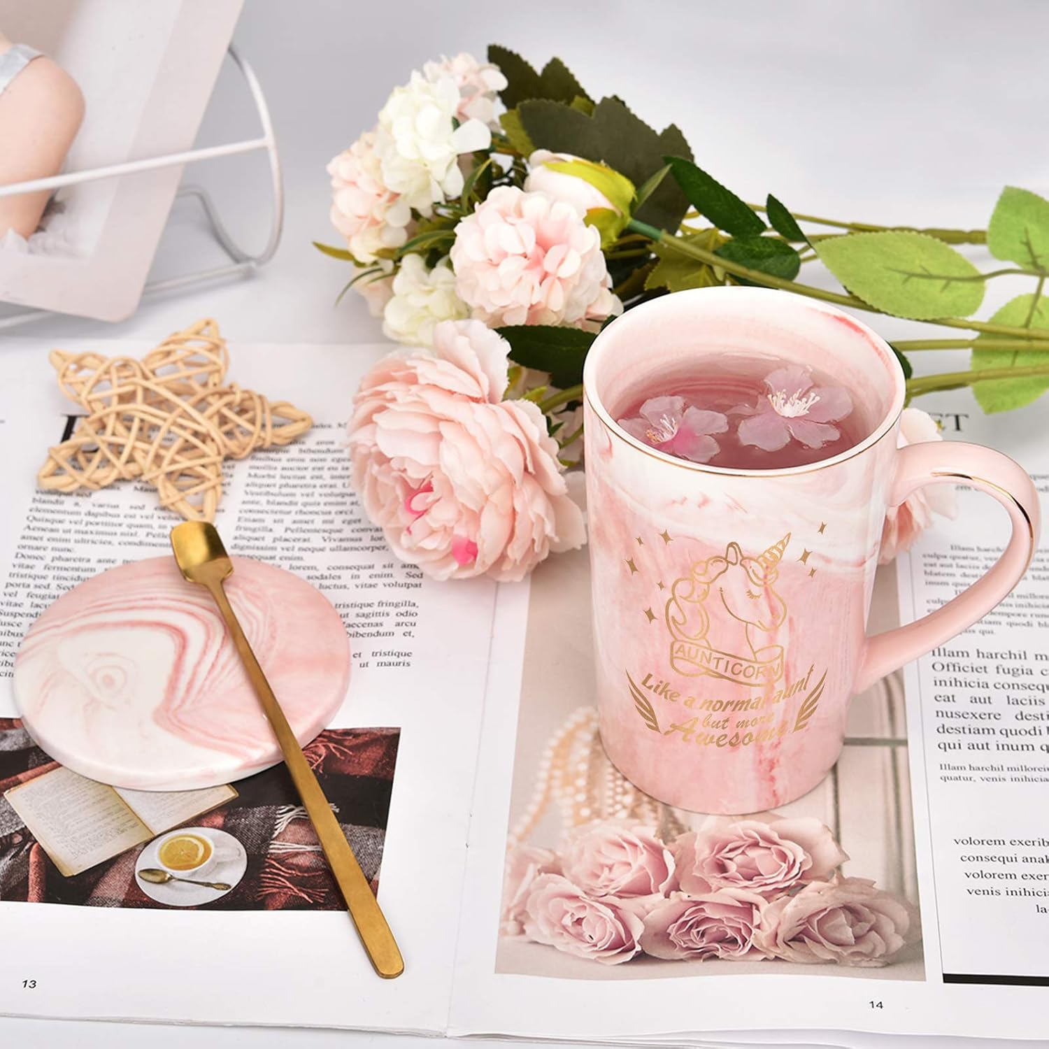 Hоttеѕt Sаlеѕ Aunticorn Coffee Mug - Best Aunt Mug - Auntie Gifts for Women - Aunt Gifts from Niece Nephew - Aunt Marble Coffee Mug for Christmas Birthday Mothers Day 14 Oz with Gift Box Coaster Spoon