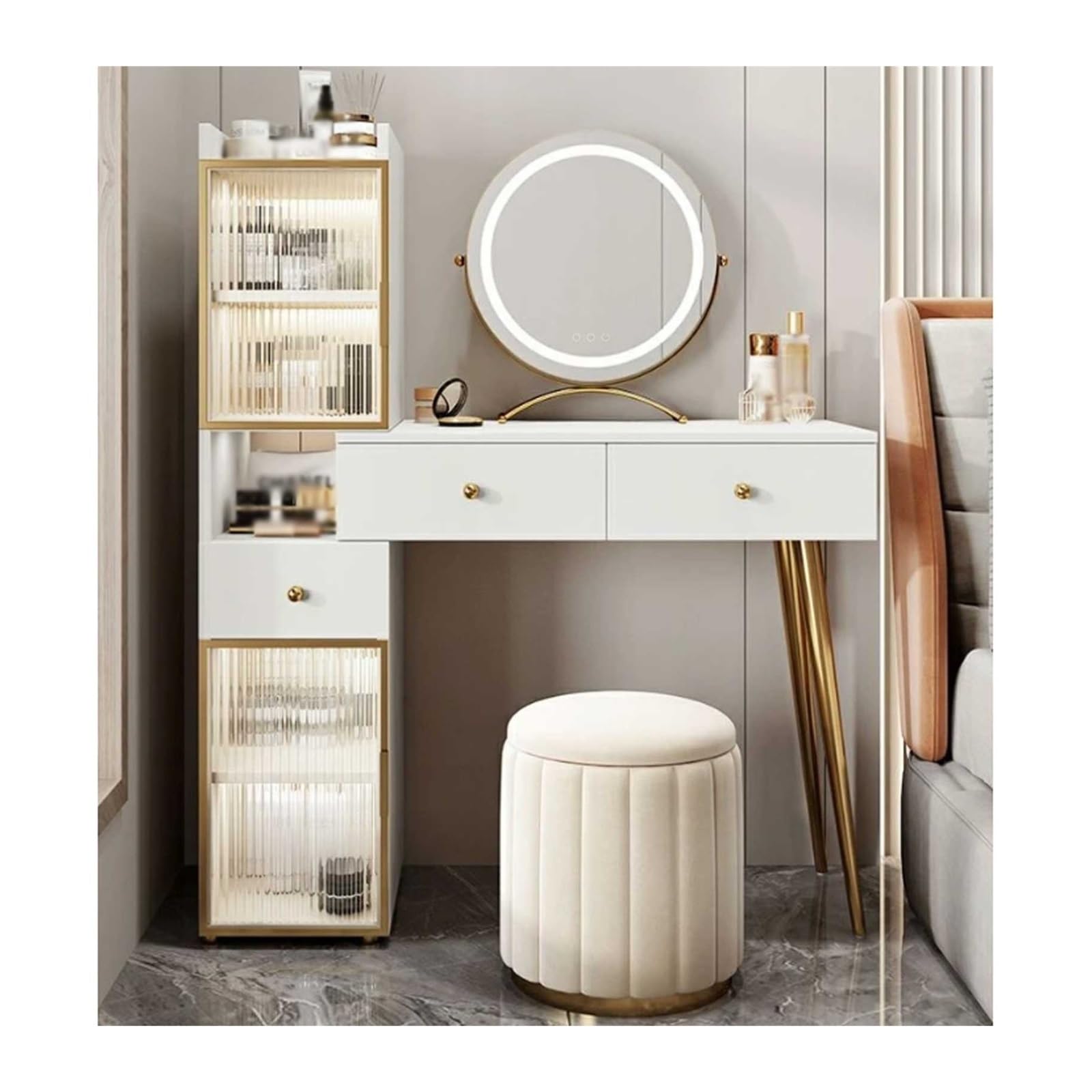 CGCSYZ Vanity Desk Vanity Desk with Mirror and Chair Set, White Makeup Vanity, Vanity Desk with Nightstand and Glass Shelves, Vanity Table with Storage Drawers Makeup Dressing Table (L80cm)