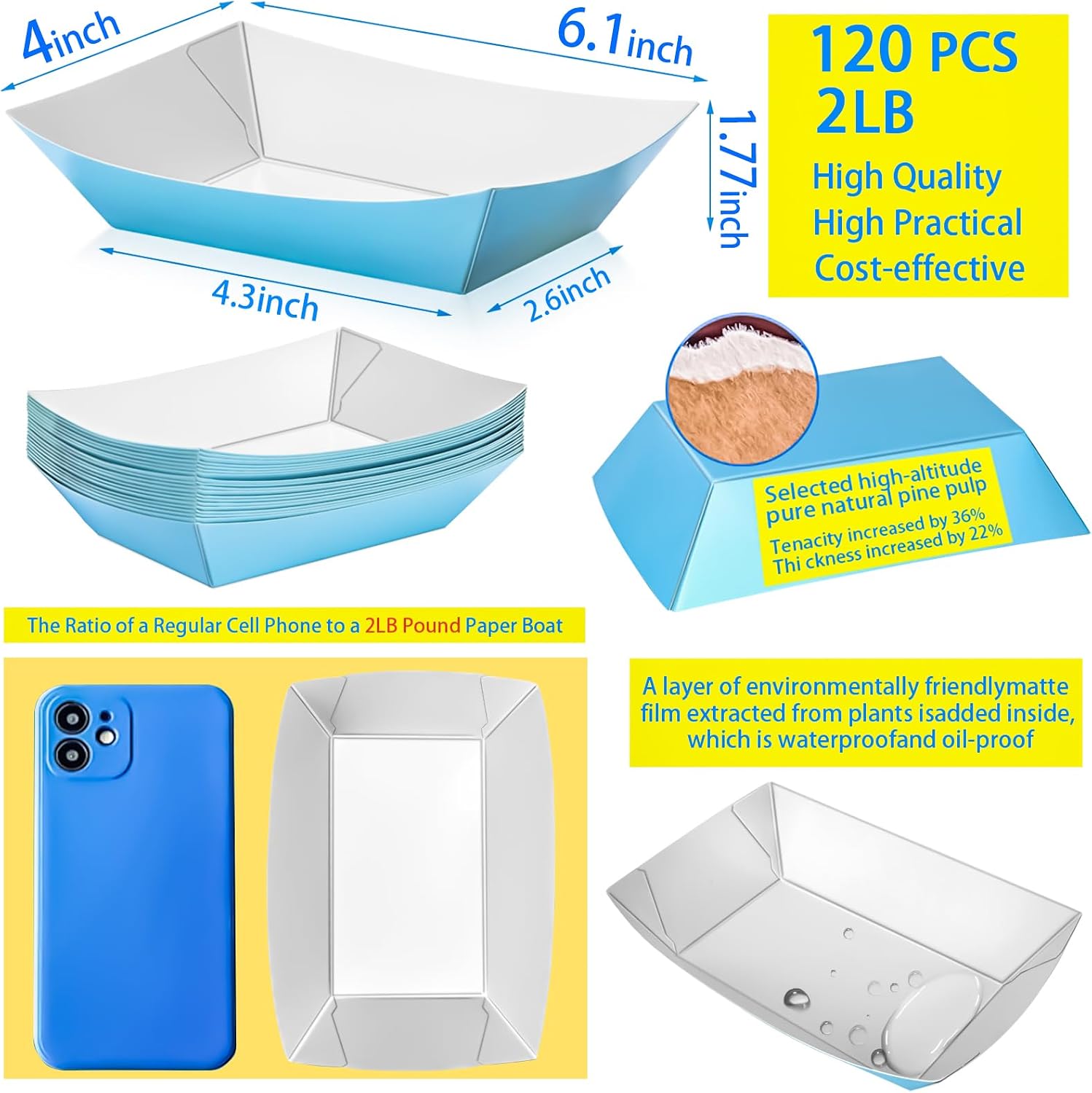 120 Pack 2LB Colorful Paper Food Boat Trays Disposable Paper Boats Containers, Colored Kraft Food Serving Boat Tray Basket for Snack Popcorn Sandwich Burger BBQ Hot Dog Taco Fries Nacho