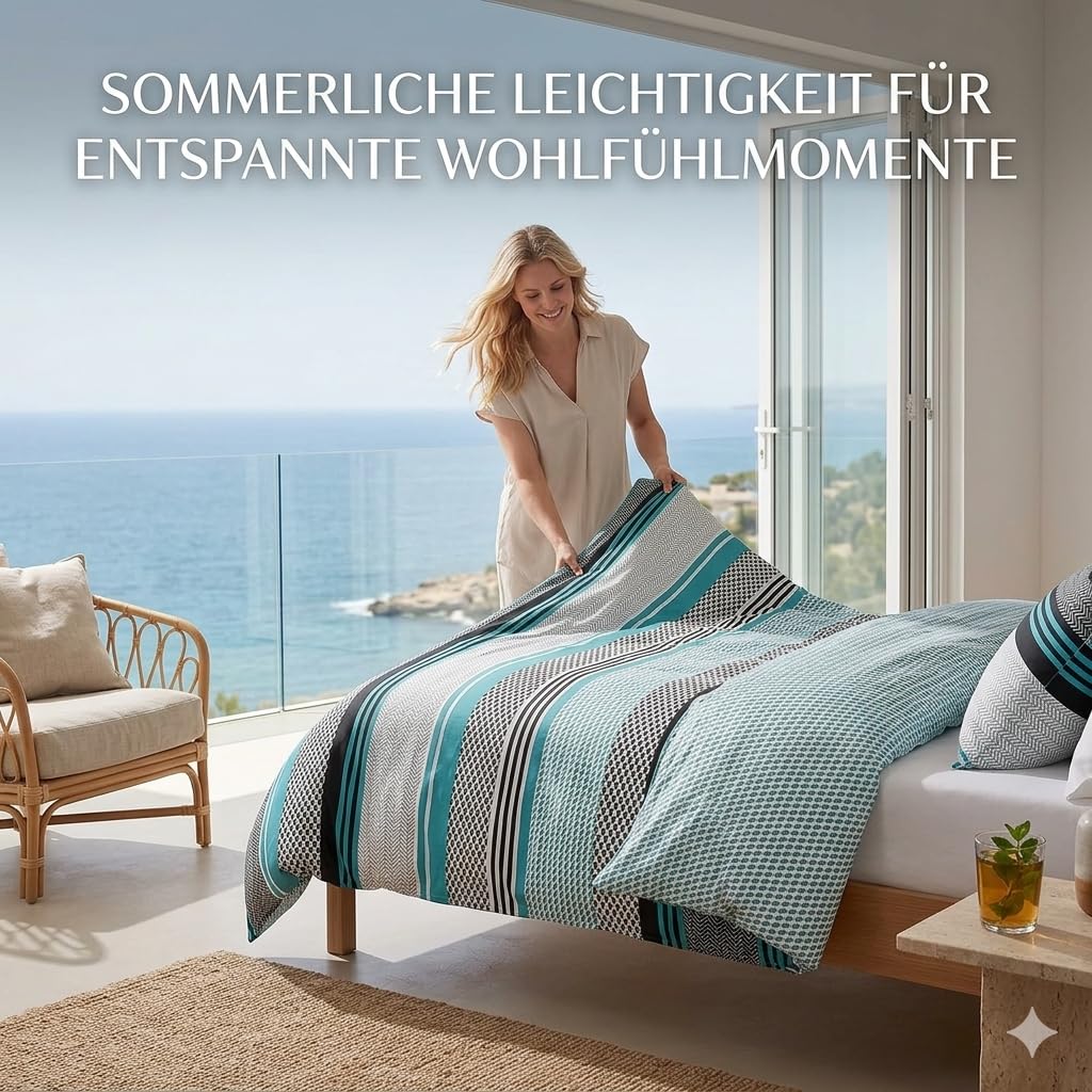 Sentidos 4-teiliges Bettwäsche-Set aus Renforcé-Baumwolle - 2x Bettbezüge 135x200 cm & 2x Kissenbezüge 80x80 cm mit Reißverschluss - Türkis/Schwarz/Weiß