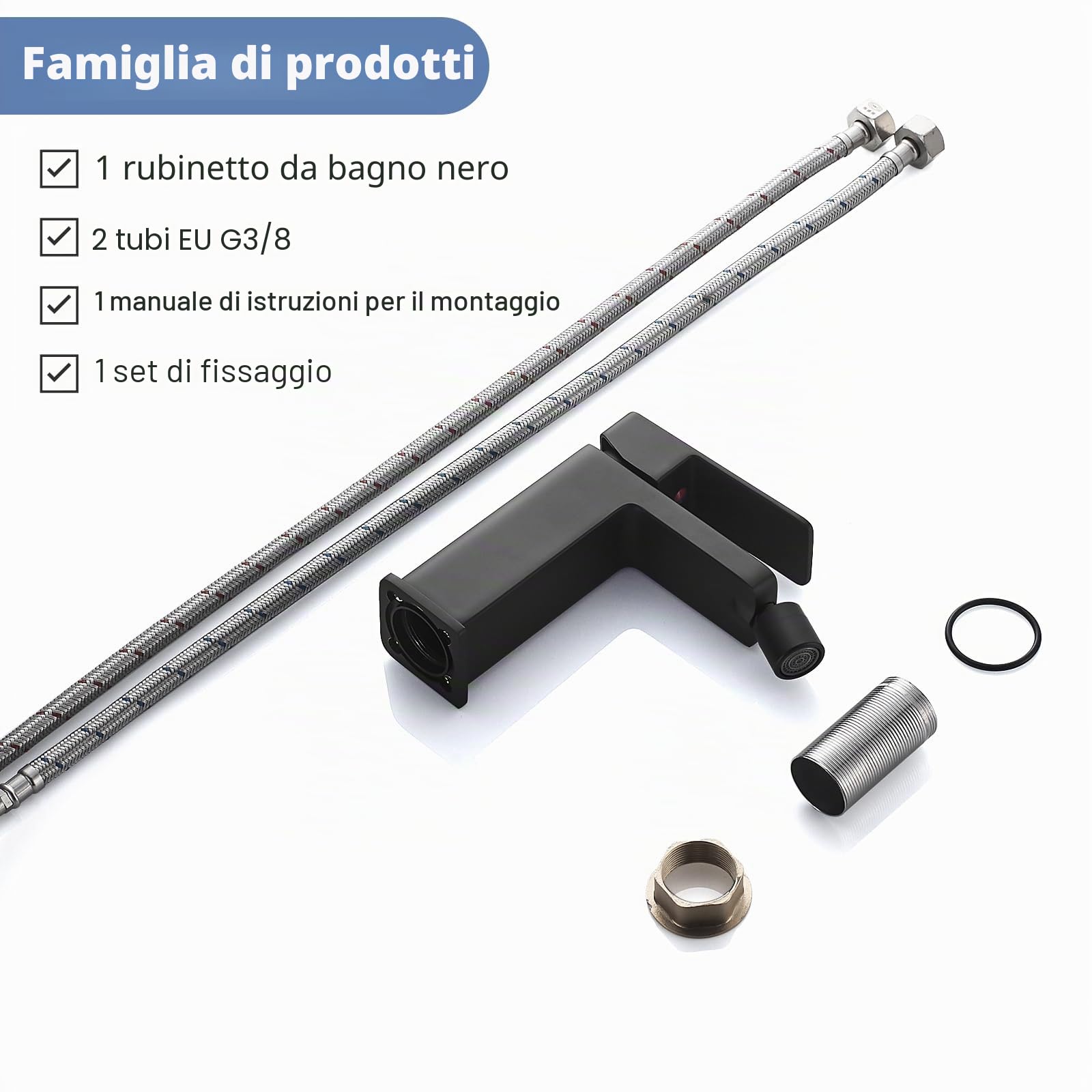 Rubinetto Bidet Nero, Miscelatore Monocomando per Bidet in Ottone, Rubinetto Bagno Lavabo con Bocca Girevole Staccabile, Flessibili Acqua Calda Fredda 3/8 Pollici (60cm) senza Scarico Lavabo