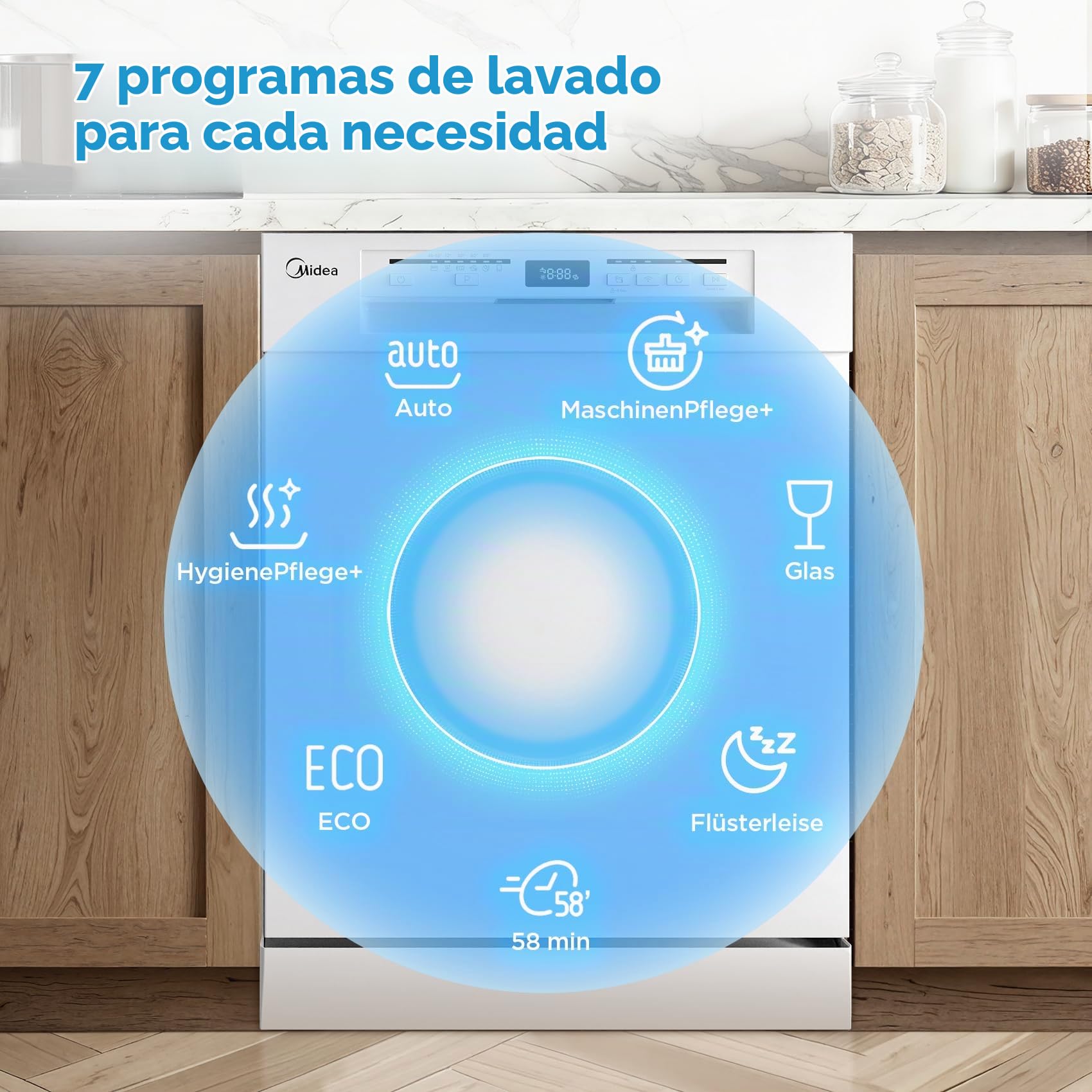 Midea SF 5.60NW14C Lavavajillas 60 cm Independiente y Bajo Encimera, 14 MGD, Cuidado de la Higiene +, Lavado por Zonas, 7 Programas, Lavavajillas 60 cm con WiFi, Inicio Retrasado