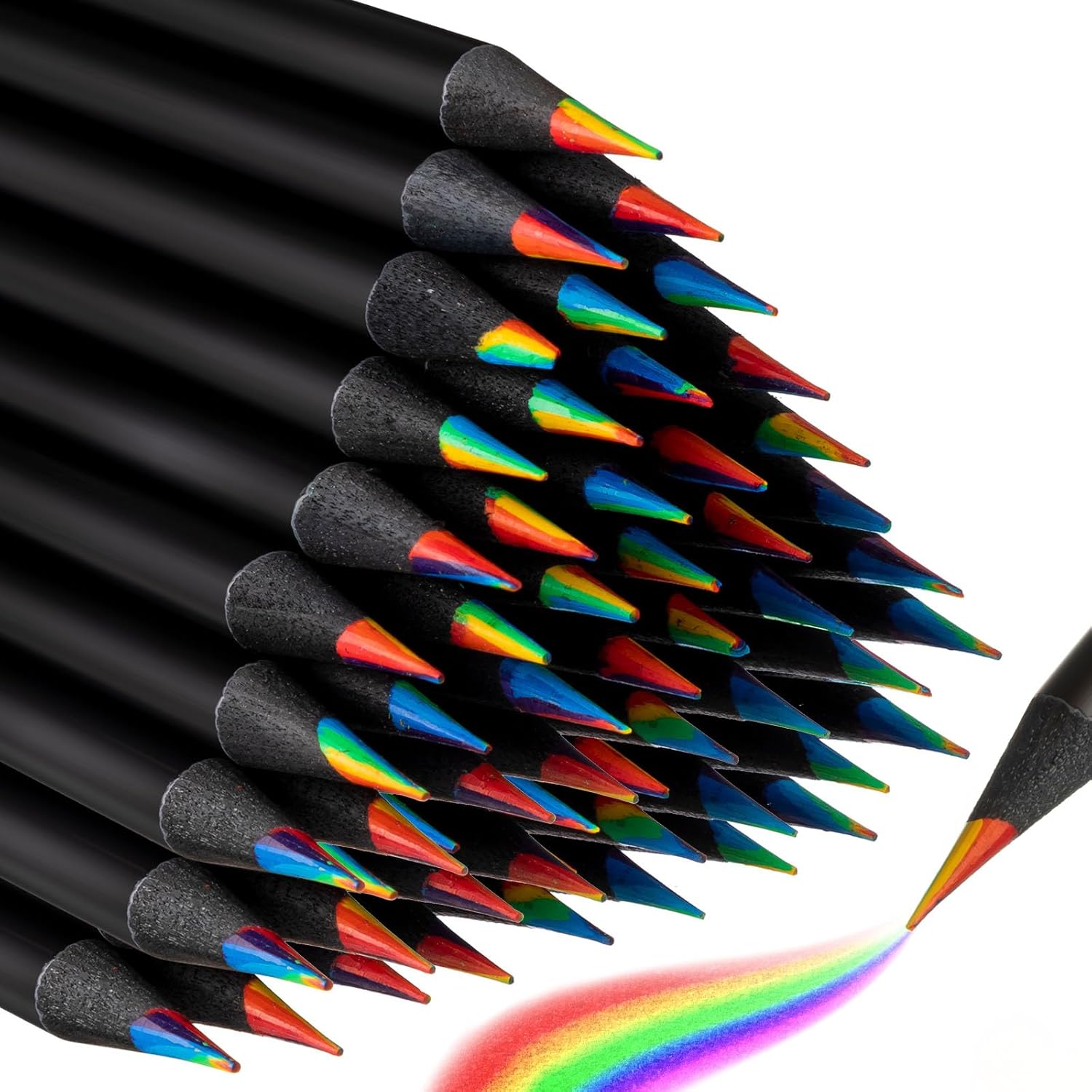Teling 100 Pcs Rainbow Pencils for Kids, 7 in 1 Black Wooden Rainbow Multicolor Pencils Bulk School Classroom Art Supplies for Kids Adults Coloring Sketching Drawing