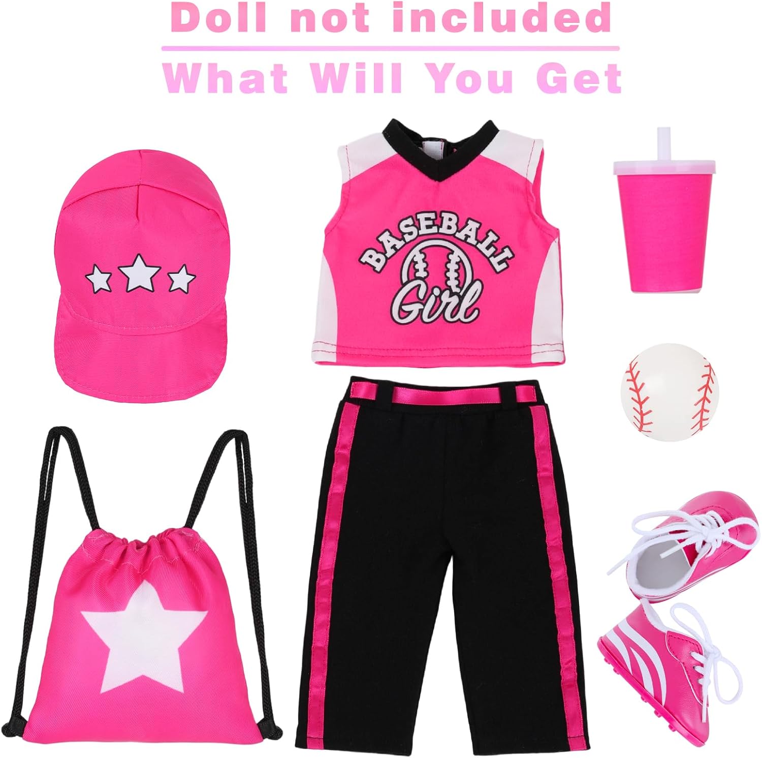 K.T. Fancy Baseball Uniform Doll Outfit-American 18 Inch Doll Clothes and Accessories Set Including Hat, Pink Baseball Jacket, Baseball, Water Bottle, Socks and Trainers, Gifts Set for Girls&Boys