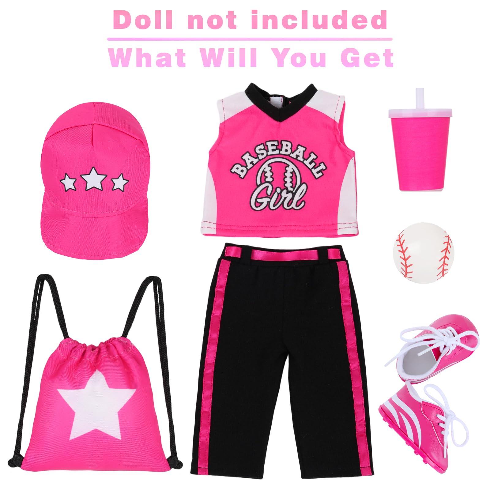 Juego de 7 accesorios de sudadera de béisbol de 18 pulgadas con diseño de rosas de muñeca de 18 pulgadas compatible con muñecas de niña de 18 pulgadas 2