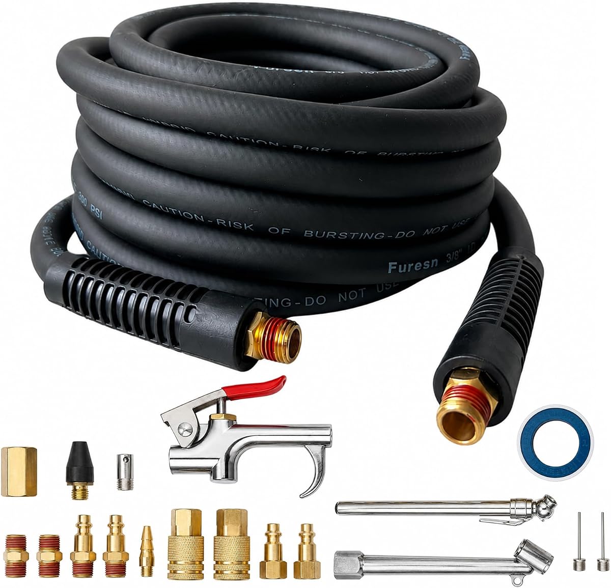 19 Pieces Air Compressor Accessories Kit, 3/8 Inch x 25FT Hybrid Air Compressor Hose Kit with 1/4 in NPT Quick Connect Air Fittings, Air Tool & Air Compressor Accessories Kit, Bend Restrictors,300 PSI