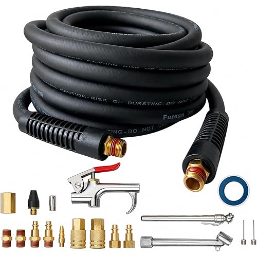 19 Pieces Air Compressor Accessories Kit, 3/8 Inch x 25FT Hybrid Air Compressor Hose Kit with 1/4 in NPT Quick Connect Air Fittings, Air Tool & Air Compressor Accessories Kit, Bend Restrictors,300 PSI
