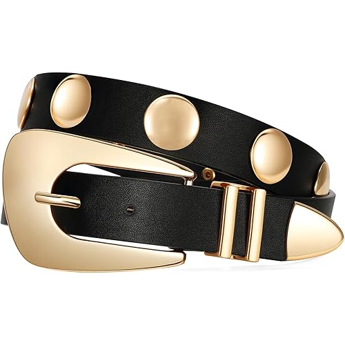 SUOSDEY Womens Gold Studded Leather Belt Fashion Punk Ladies Waist Belt with Gold Buckle