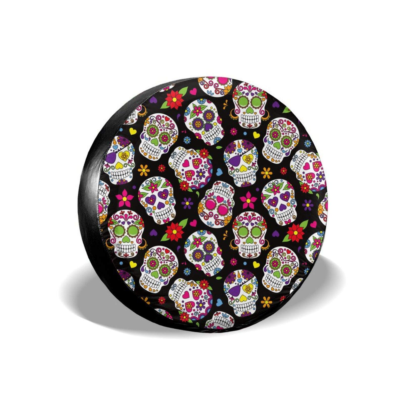 EXMENI Halloween Mexican Sugar Skull Tire Protector Floral Flower Wheel Spare Tire Cover Day of The Dead for Truck SUV Trailer Camper RV and Many Vehicle Accessories Universal Fit Diameter 17"