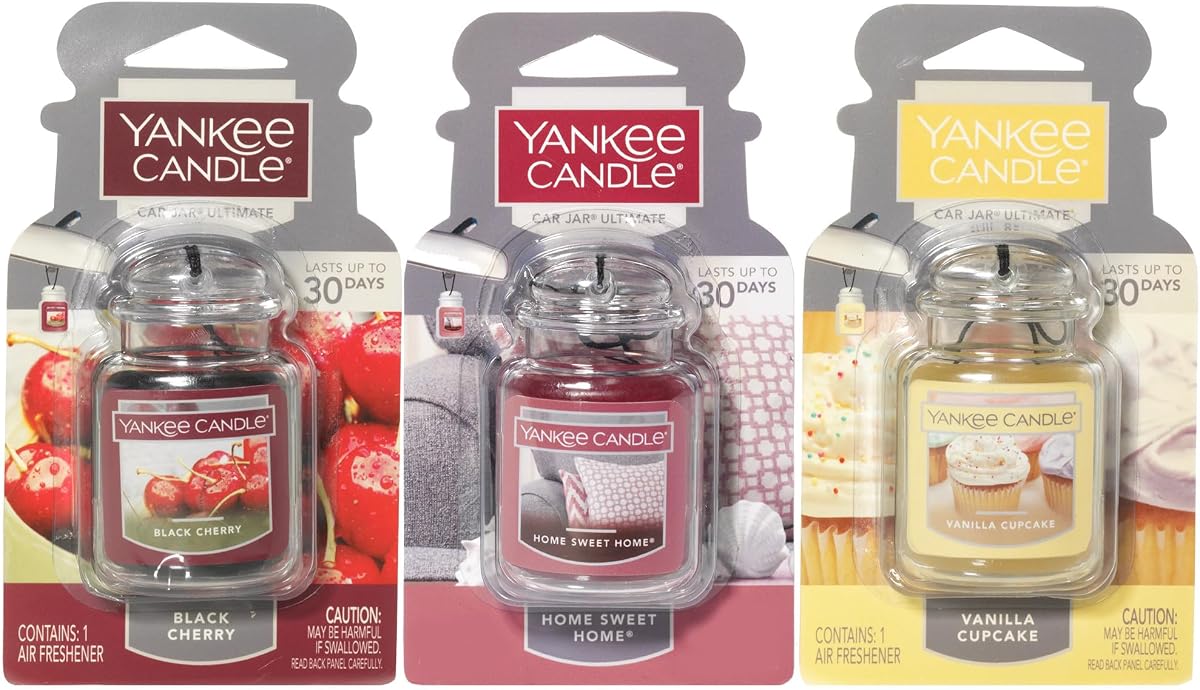 Yankee Candle Car Jar Ultimate, Vanilla, Black Cherry & Home Sweet Home, Hanging Air Freshener, Neutralizes Odors with Authentic Fragrance for Travel or Home, 3 Units (Variety Pack)