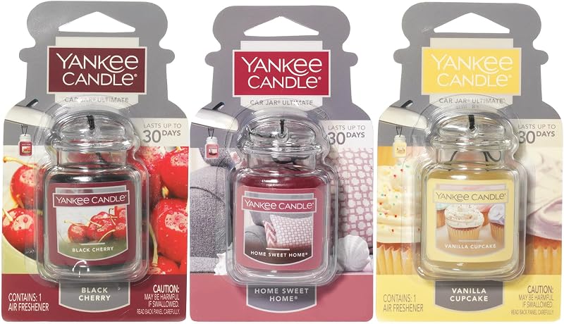 Yankee Candle Car Jar Ultimate, Vanilla, Black Cherry & Home Sweet Home, Hanging Air Freshener, Neutralizes Odors with Authentic Fragrance for Travel or Home, 3 Units (Variety Pack)