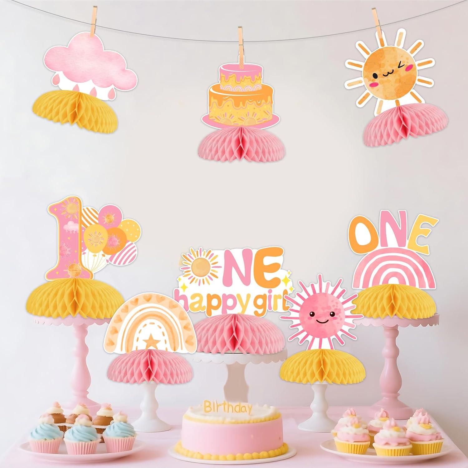 First Trip Around the Sun Decorations Girl - 8PCS One Happy Girl Honeycomb Centerpieces, Sun 1st Birthday Party Decorations Boho Sunshine Hippie Sunrise Rainbow Table Decor