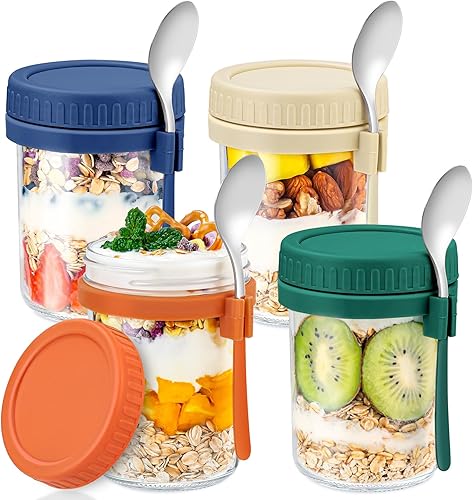 DRKIO Paquete de 4 Recipientes de Vidrio para Avena Nocturna con Tapas y Cucharas Frascos Mason de 16 Oz para Avena Nocturna Frascos a Prueba de