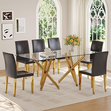 Glass Dining Table Set for 6 Gold 71 Dinner Table Set, Modern Rectangle Tempered Glass Tabletop & Gold Metal Legs with 6 Black PU Leather Chairs, Dining Room Table Set for Kitchen & Dining