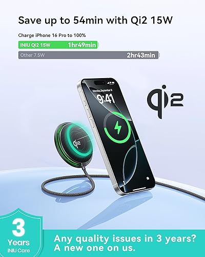 Miniatura 2 de INIU Cargador inalámbrico magnético, almohadilla de carga inalámbrica rápida de 15 W con certificado Qi2 con ventilador de enfriamiento, solo para