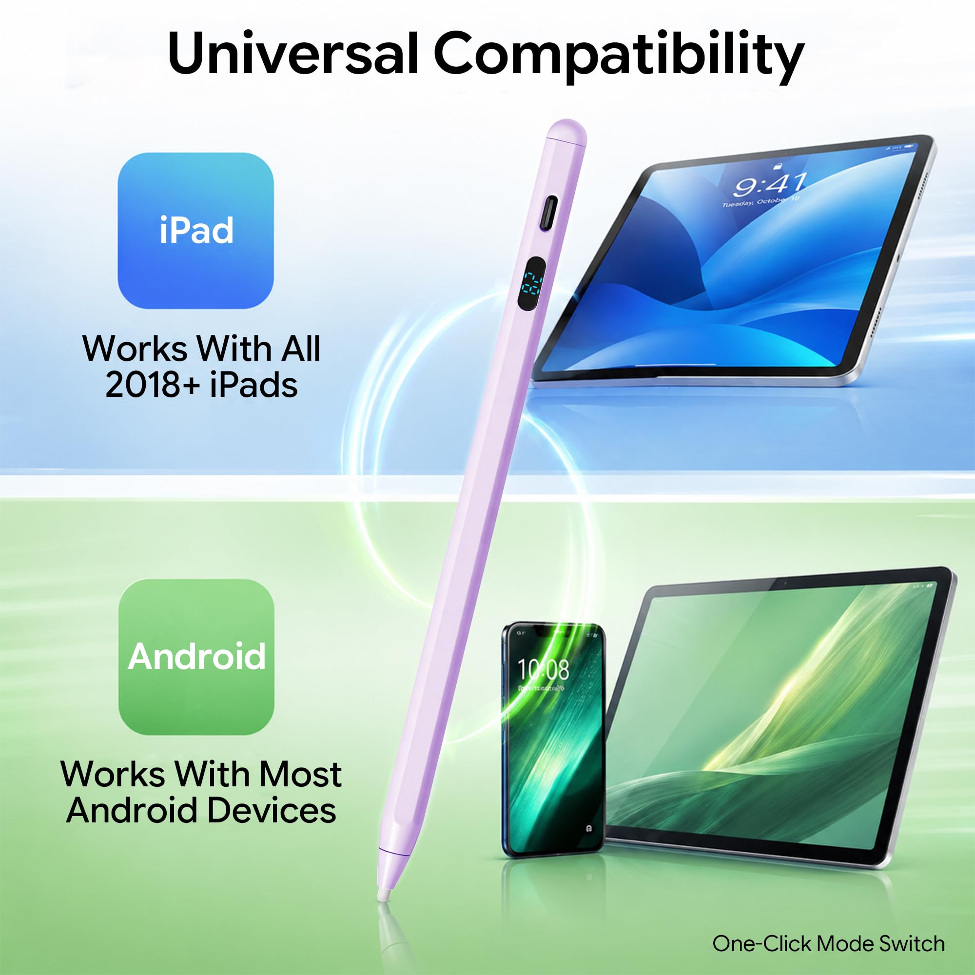 LED Akku Display Stylus Pen, Schnelles Aufladen Aktiver Digitaler Bleistift für iPad iPhone Samsung Android Tablets, Niedrige Latenz & Neigungsempfindlichkeit für Notizen/Zeichnen, Kein Bluetooth