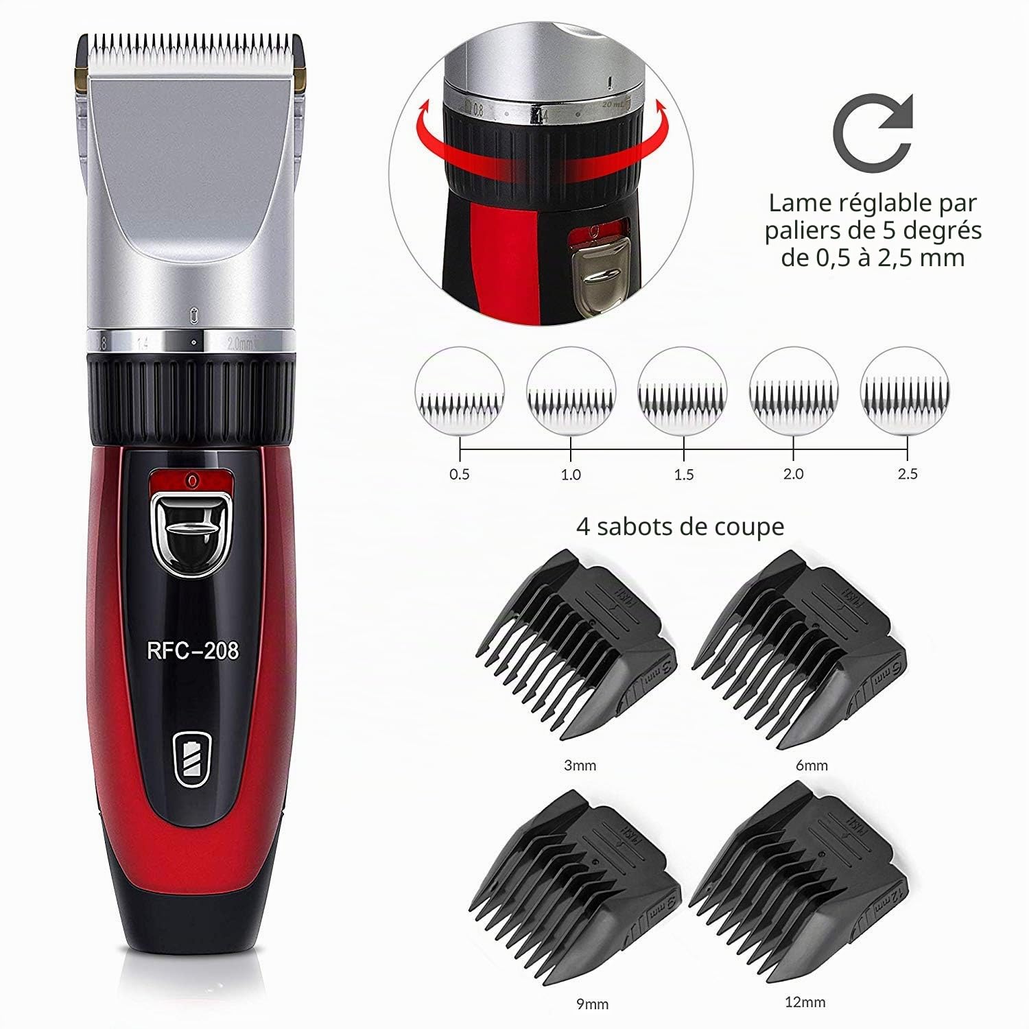 Ceramics RFC-208 Kit de toilettage pour animaux de compagnie silencieux et silencieux avec technologie Turbo Sense et 4 embouts pour 25 longueurs de coupe, tondeuse sans fil rechargeable pour animaux