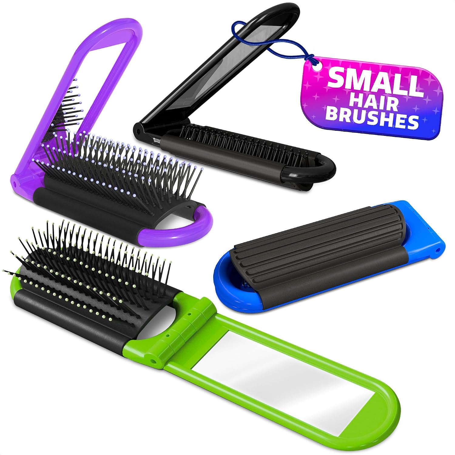 KETAR 4 Pack Folding Travel Hair Brush – Travel Brush for Women with Built-in Mirror and Massage Comb in 4 Colors, Plastic & Nylon Bristles, Compact Size (4.25in L) – Convenient for Traveling and Gifting
