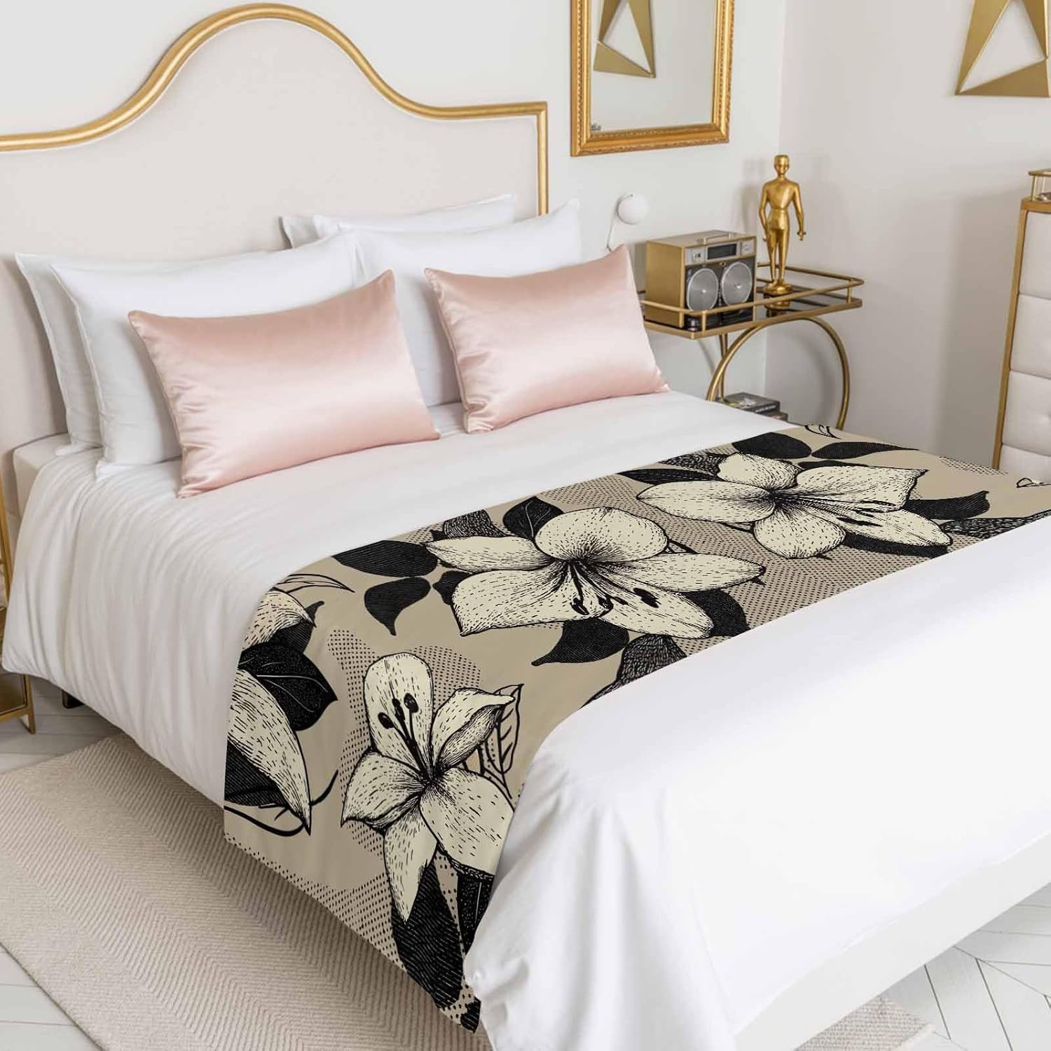 Black Floral Bed Runner Scarf for King Size Bed, Vintage Khaki Floral Retrp Plant Leaf Beds Scarf Throws for Foot of Bedding, Decorative Beds Runners for Bedroom Guestroom, 94"x20"