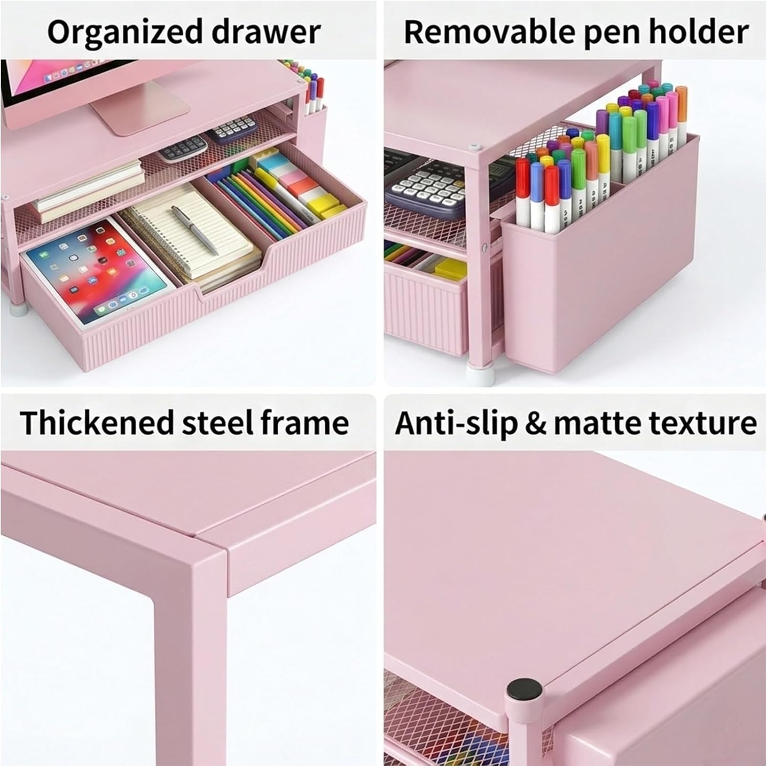 ECOLOVI Desk Organizer and Accessories, 2-Tier Computer Monitor Stand Rise with Storage Drawer & 2 Pen Holders, Laptop & Printer Stand for Desktop, Workspace Organizers for Office Supplies (Pink)
