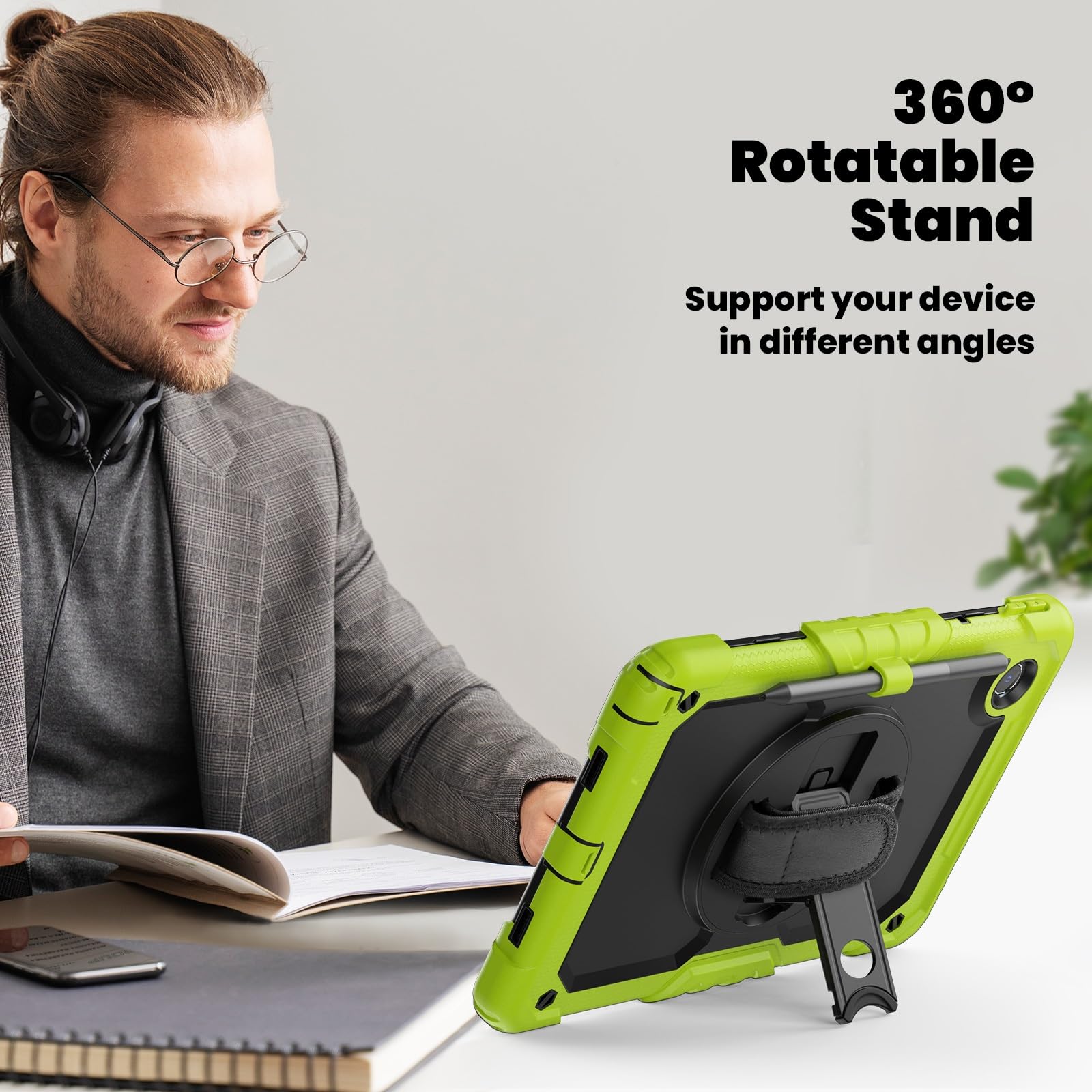 Kompatybilny z Lenovo Tab M11 TB-330FU/Lenovo Xiaoxin Pad 2024 TB-331FC Wytrzymała, odporna na wstrząsy obudowa TPU, osłona ochronna osłoną ekranu Obrotowa podpórka 380 + pasek rękę + ramię(Ye?il)