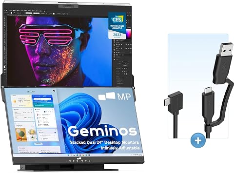 شاشات كمبيوتر Geminos مع كابل USB 2 في 1 ، و Pixels Mobile 1080P Webcam & Speakers ، وشحن USB-C 100 واط ، وشاشة سطح مكتب عمودية مزدوجة شاملة 24 بوصة ، HDMI / USB-A / USB-C