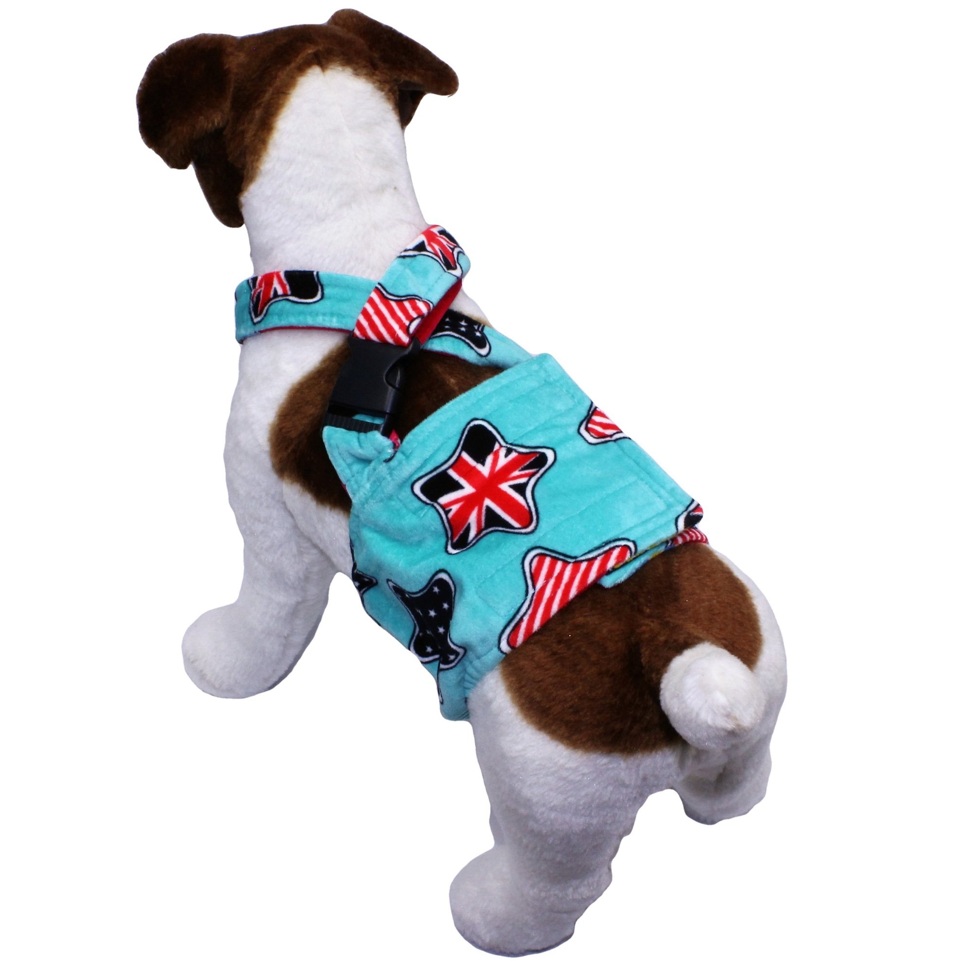 Hundewindel für männliche Jungen, Bauchband, wiederverwendbar, waschbar, mit Hosenträgern, weiches Fleece (Sternrot/grün, wendbar, Größe S: Taille 25,4 cm – 33 cm)