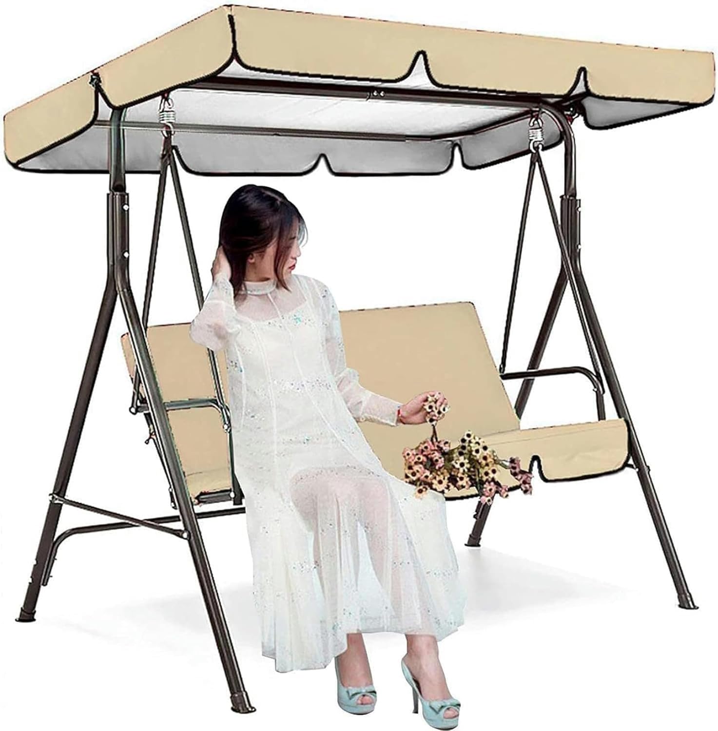 AMNOOL Replacement Canopy for Swing Seat Waterproof Anti-Uv Patio Swing Hammock Cover Top Windproof Sun Shade Cover for Leisure Reading Picnics Beige-1