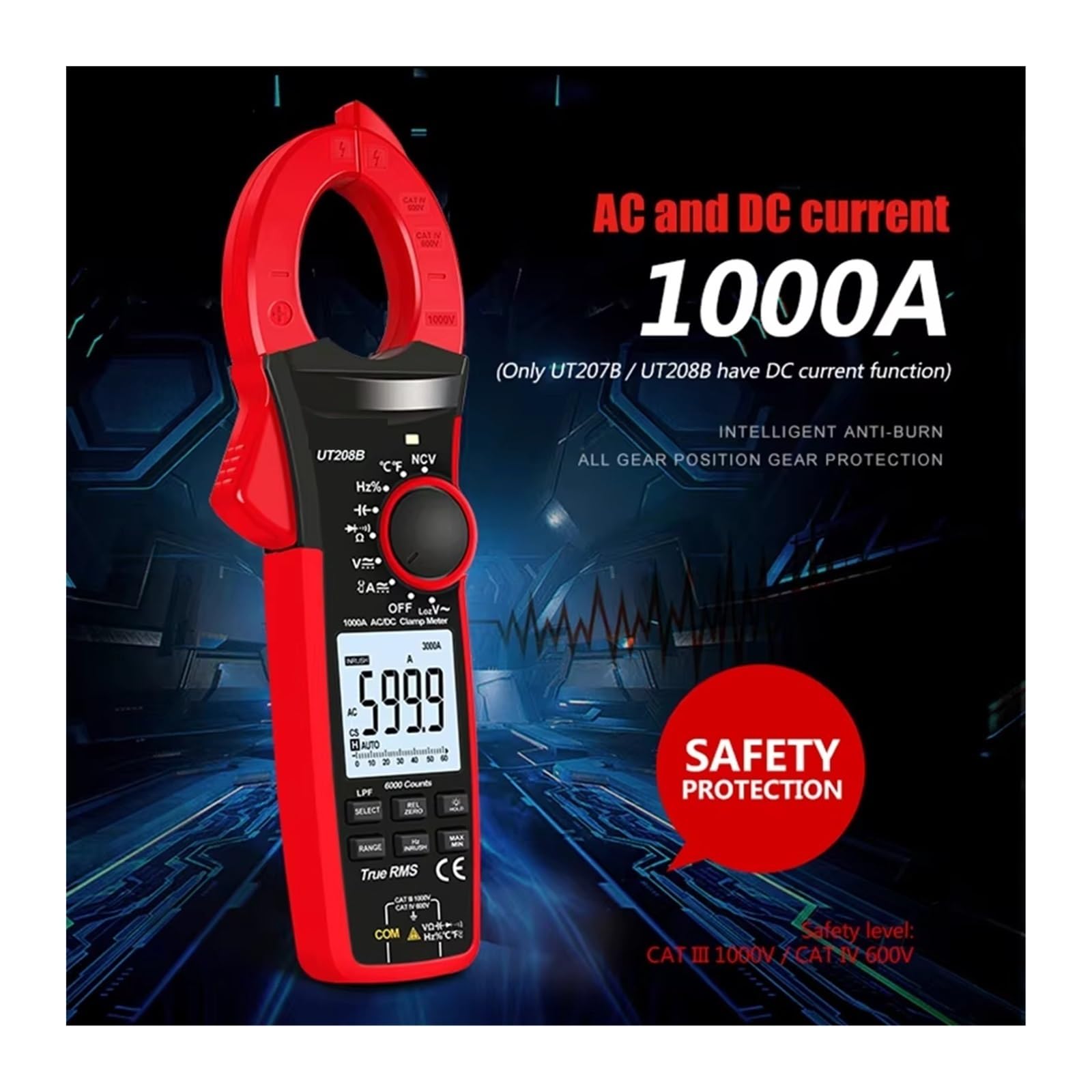Pinza amperimétrica digital, Medidor De Pinza Digital True RMS UT207B UT208B AC DC Corriente 1000A 1000V Alica Amperímetro LPF 6000 Abrazadera Amperimétrica(UT205E)