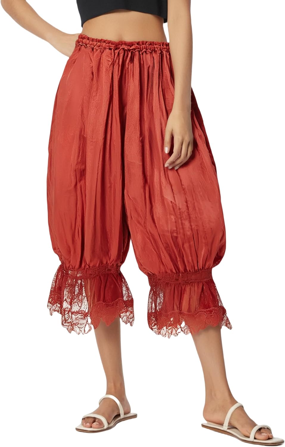 NUFIWI Women Ruffle Long Bloomer Y2k Lace Trim Pettipants Pantaloons Mid Rise Cropped Pajama Pants Under Dress Slips