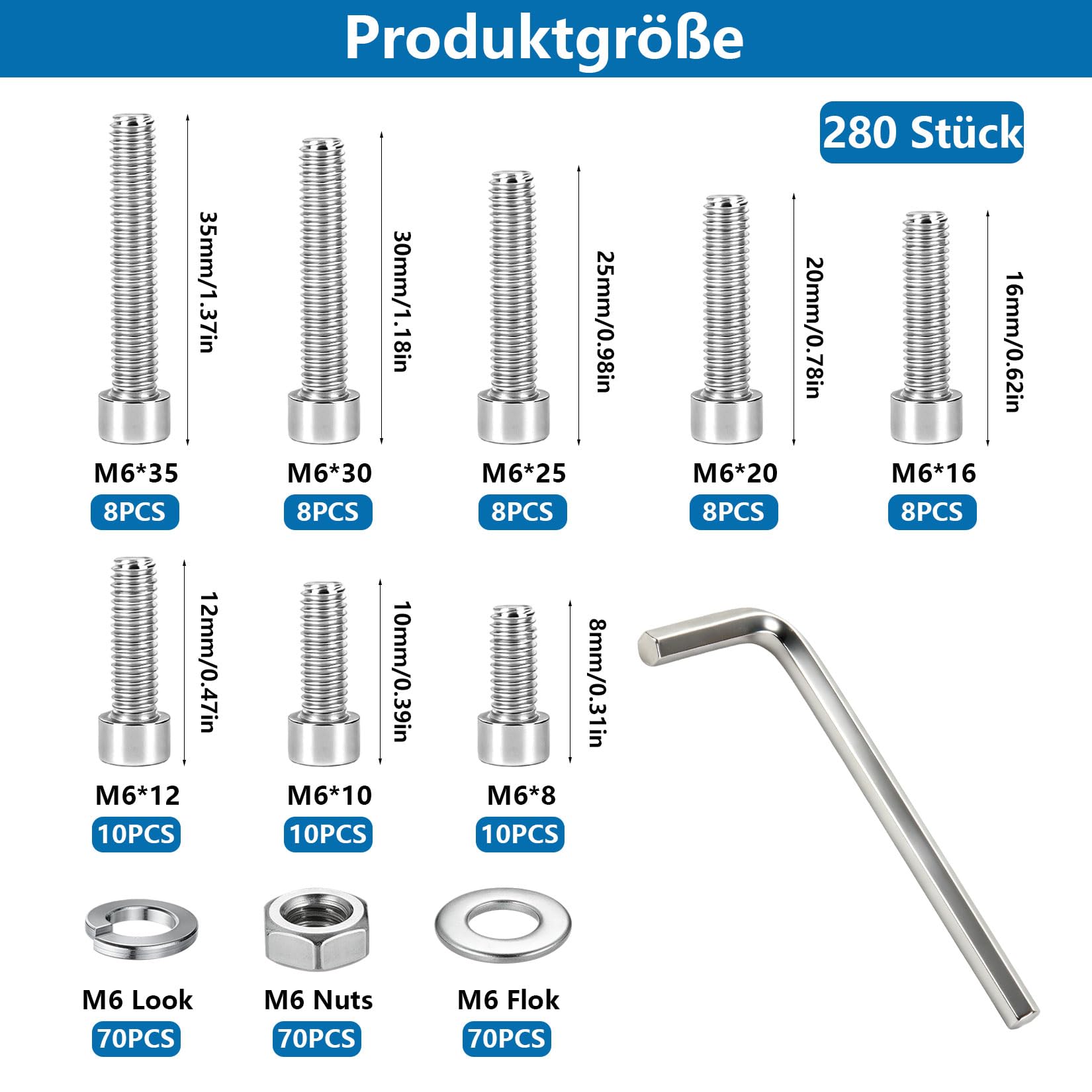 280 PzViti M6, Viti a Testa Cilindrica con Esagono Incassato, Set di Bulloni e Dadi, Viti a Testa Esagonale in Acciaio Inox con Rondelle, Assortimento di Bulloni a Cilindri per Macchine