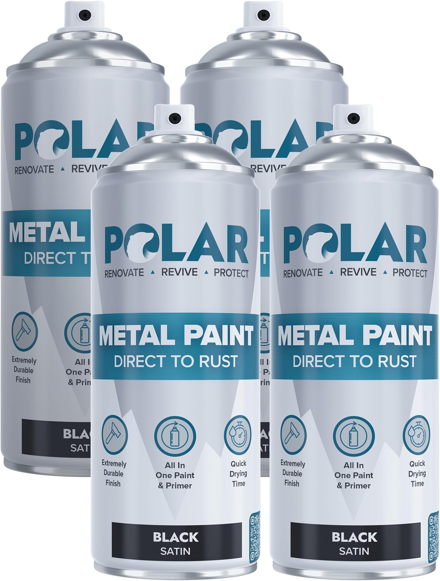 Polar Specialist Coatings Satin Black Direct to Rust Spray Paint - 4 x 13.5fl oz - Protect and Stop Rust & Corrosion - Primer, Undercoat, Topcoat - Quick Dry Formula - Ideal for Metal, Wood, Plastic